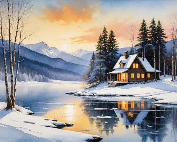 Winter Landscape with Log Cabin and Snowy Mountains