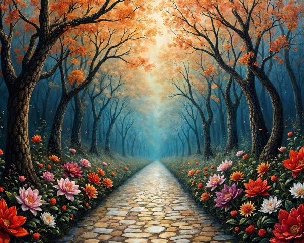 Serene Pathway in a Vibrant Autumn Forest