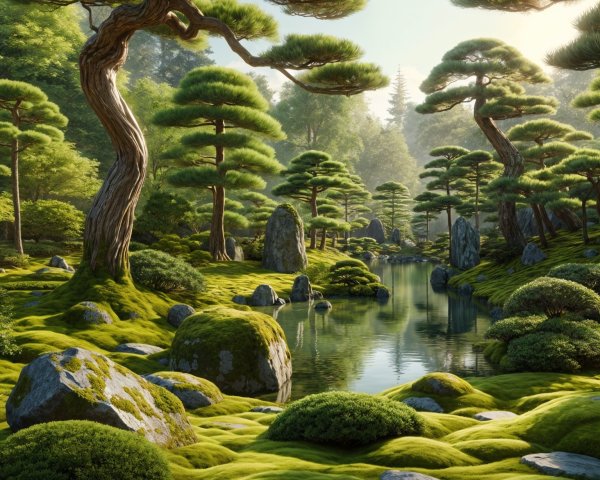 Serene Landscape with Moss, Pond, and Pine Trees