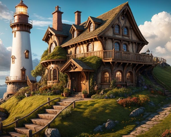 Whimsical House and Lighthouse on Grassy Hill