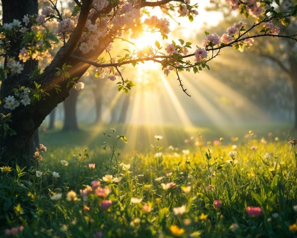 Serene Dawn Landscape with Blooming Tree and Meadow