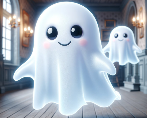 Cartoonish ghosts in a vintage room with soft light