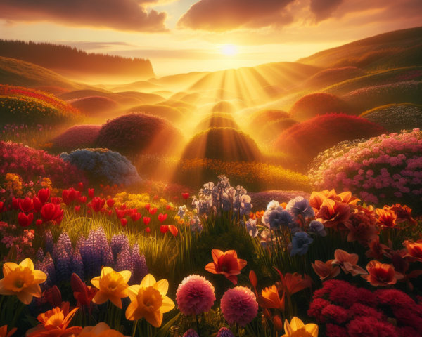 Sunset Landscape with Vibrant Flowers and Hills