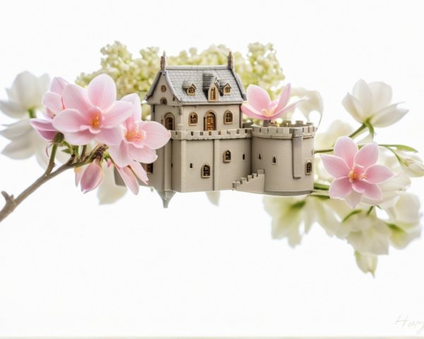 Miniature Castle Surrounded by Delicate Pink Flowers