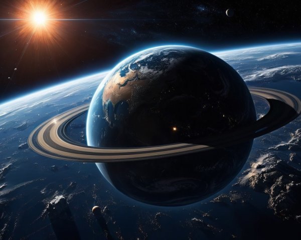 Ultra-realistic Earth-like planet with golden rings in space