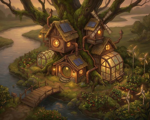 Intricate Treehouse Village in a Moss-Covered Tree