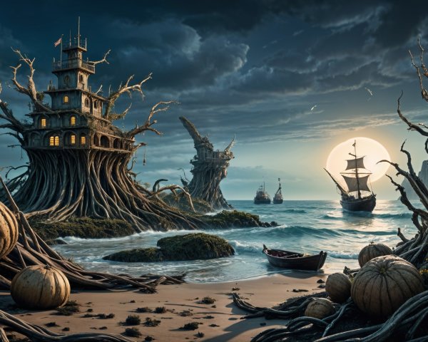 Whimsical Coastal Scene with Treehouse and Pumpkins