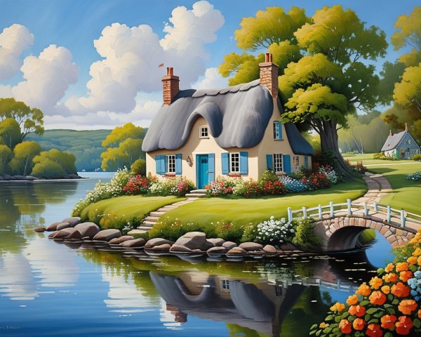 Charming Thatched Cottage by Serene Lakeside Landscape