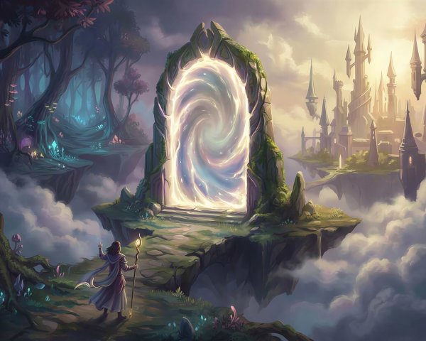 Fantasy Landscape with Magical Portal and Sorcerer