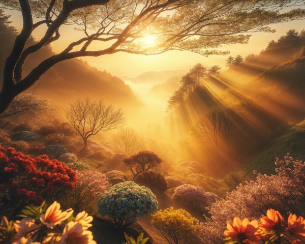 Serene Valley Landscape at Sunrise with Vibrant Flowers