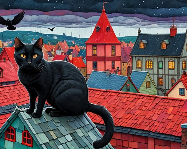 Black Cat on Red Roof Overlooking Colorful Town