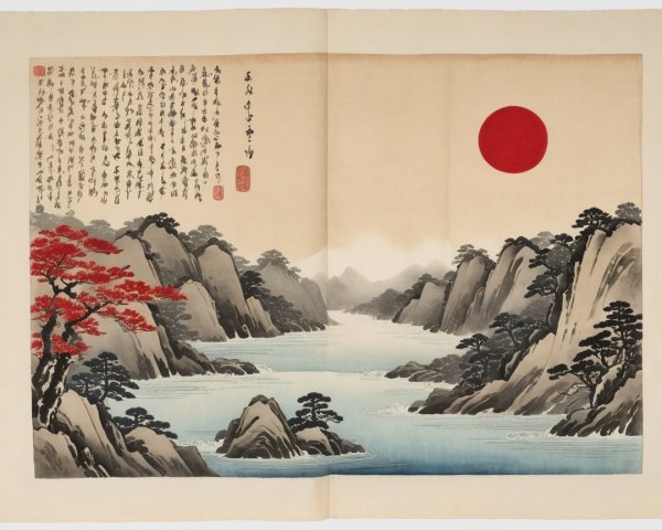 Serene Landscape with Mountains and Rivers at Sunset