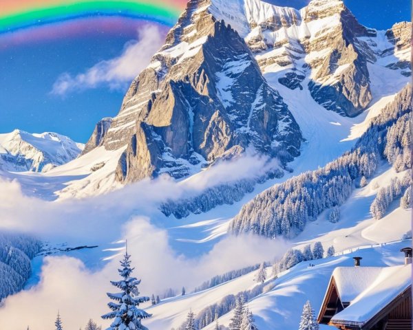 Winter Landscape with Snow-Covered Mountains and Rainbow