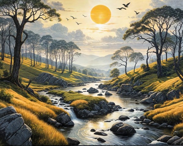 Serene Landscape with Winding River and Lush Hills