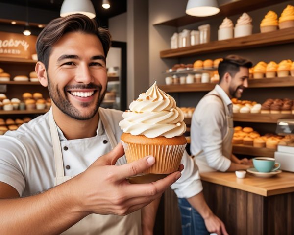 Male Baker with Large Cupcake in Cozy Bakery