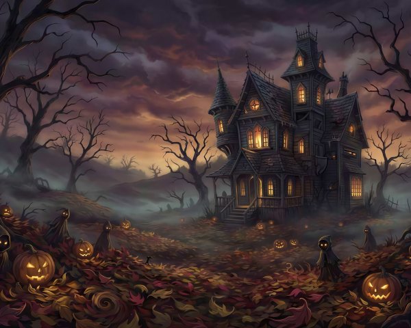 Gothic Mansion with Jack-o'-Lanterns in Twilight Sky