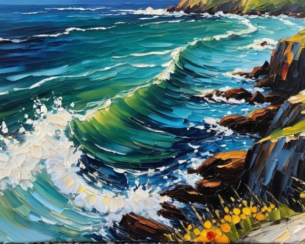 Vibrant Coastal Scene with Waves and Cliffs