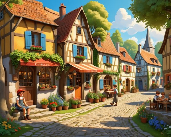 Charming Cobblestone Street in a Quaint Village Scene