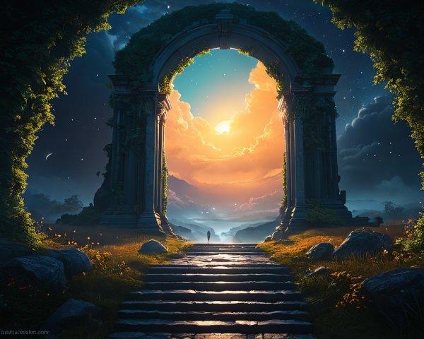 Majestic stone archway under a glowing sunset sky