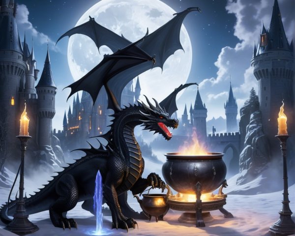 Black Dragon Beside Cauldron Under Full Moon