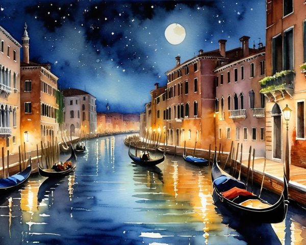 Serene Night Scene of Venice with Moonlit Canals