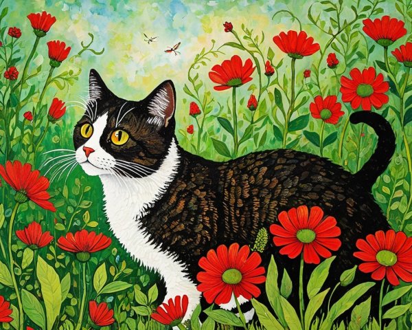 Playful Cat Among Vibrant Flowers in Garden Scene