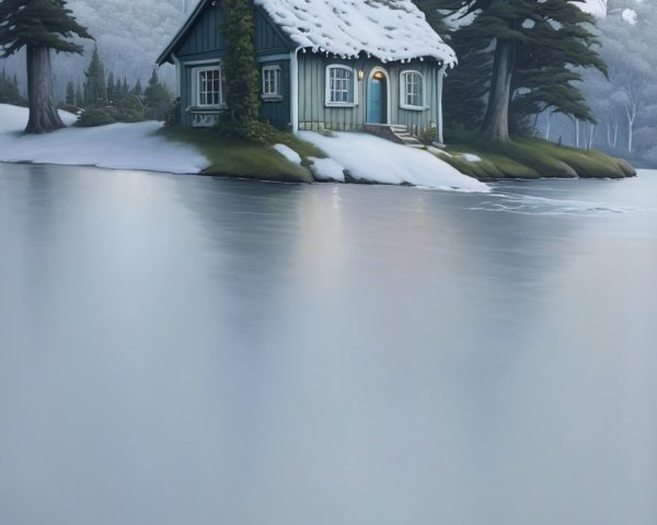 Snow-Covered Cabin on Serene Island with Icy Lake