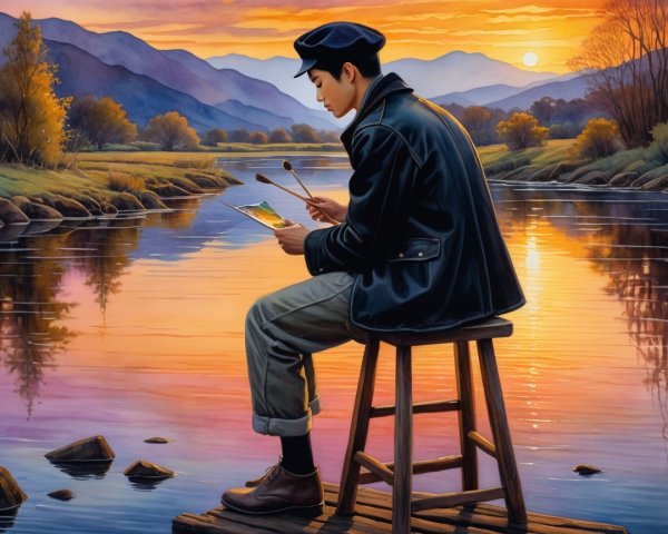Young Artist Painting Sunset by Serene River