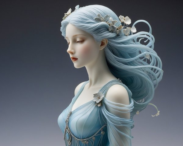 Elegant figure with blue hair and floral accents