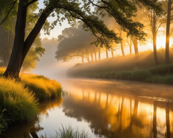 Serene River in Lush Landscape at Sunrise
