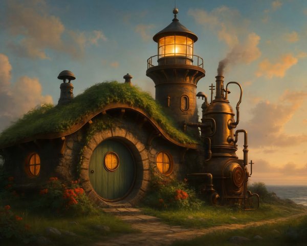 Hobbit Hole and Steampunk Lighthouse by Water's Edge