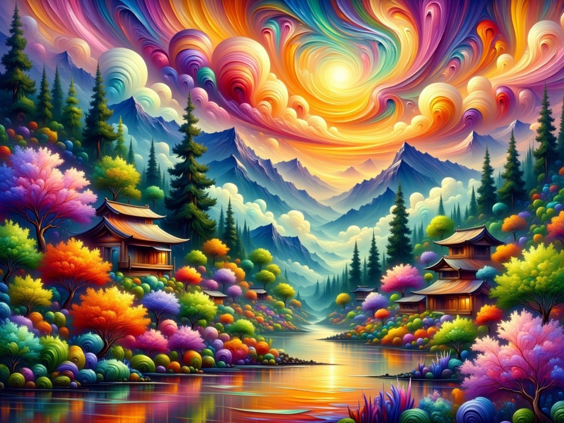 Vibrant Landscape with River and Majestic Mountains