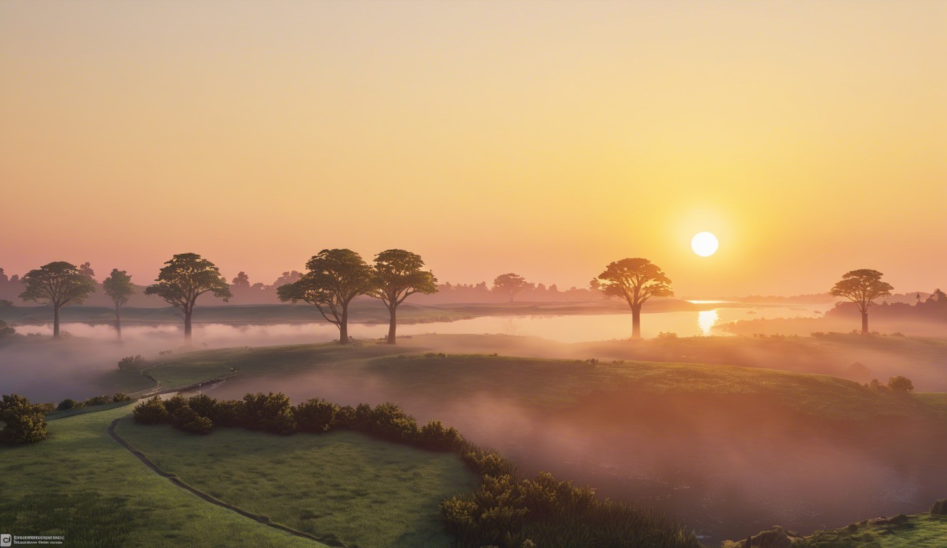 Tranquil Sunrise Landscape with River and Lush Hills
