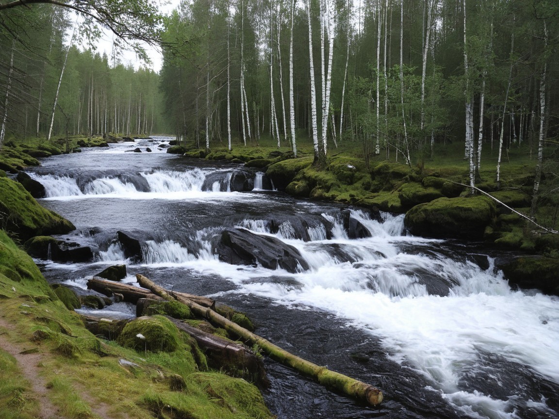 Serene Landscape with Rushing River and Birch Trees