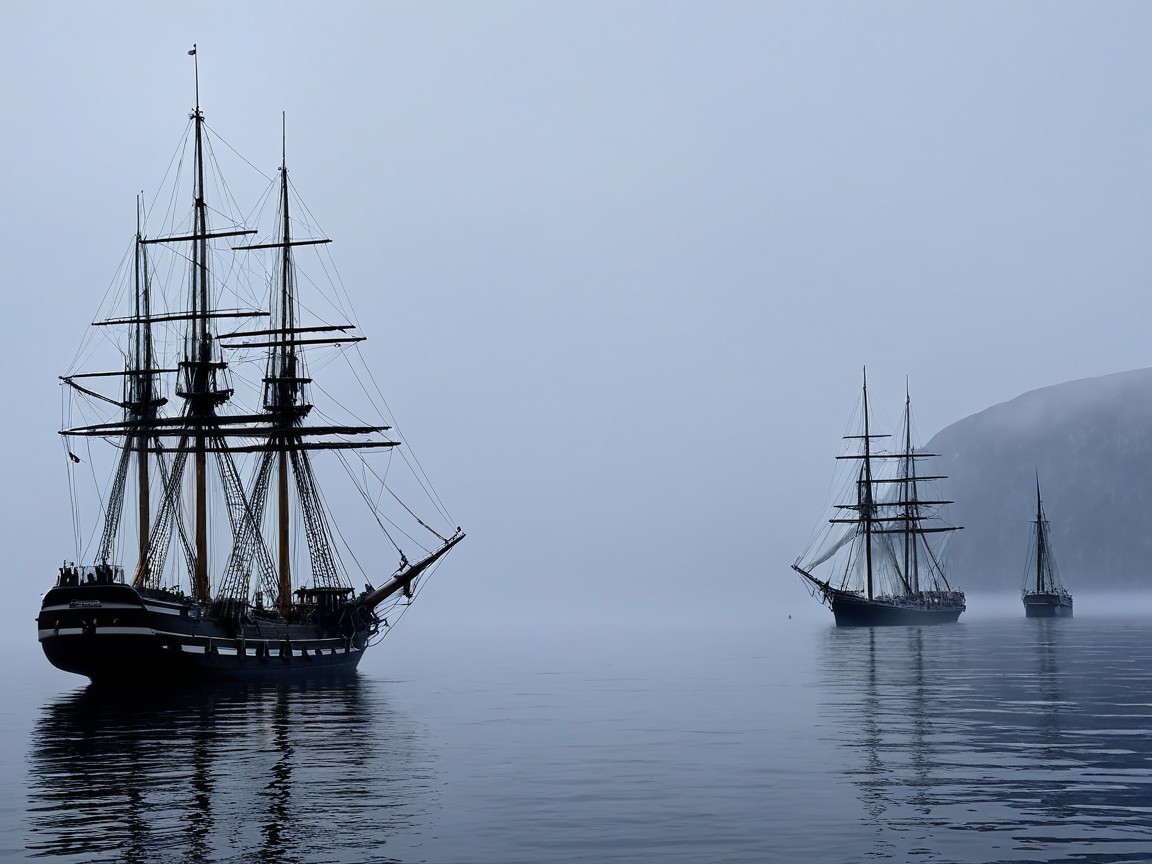 Tall Ships in Misty Seascape with Ethereal Atmosphere