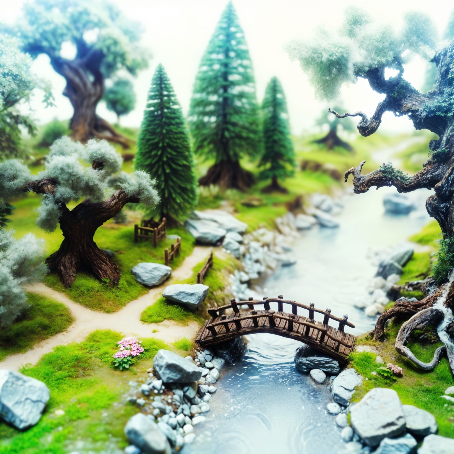 Miniature Landscape with Trees, Stream, and Bridge