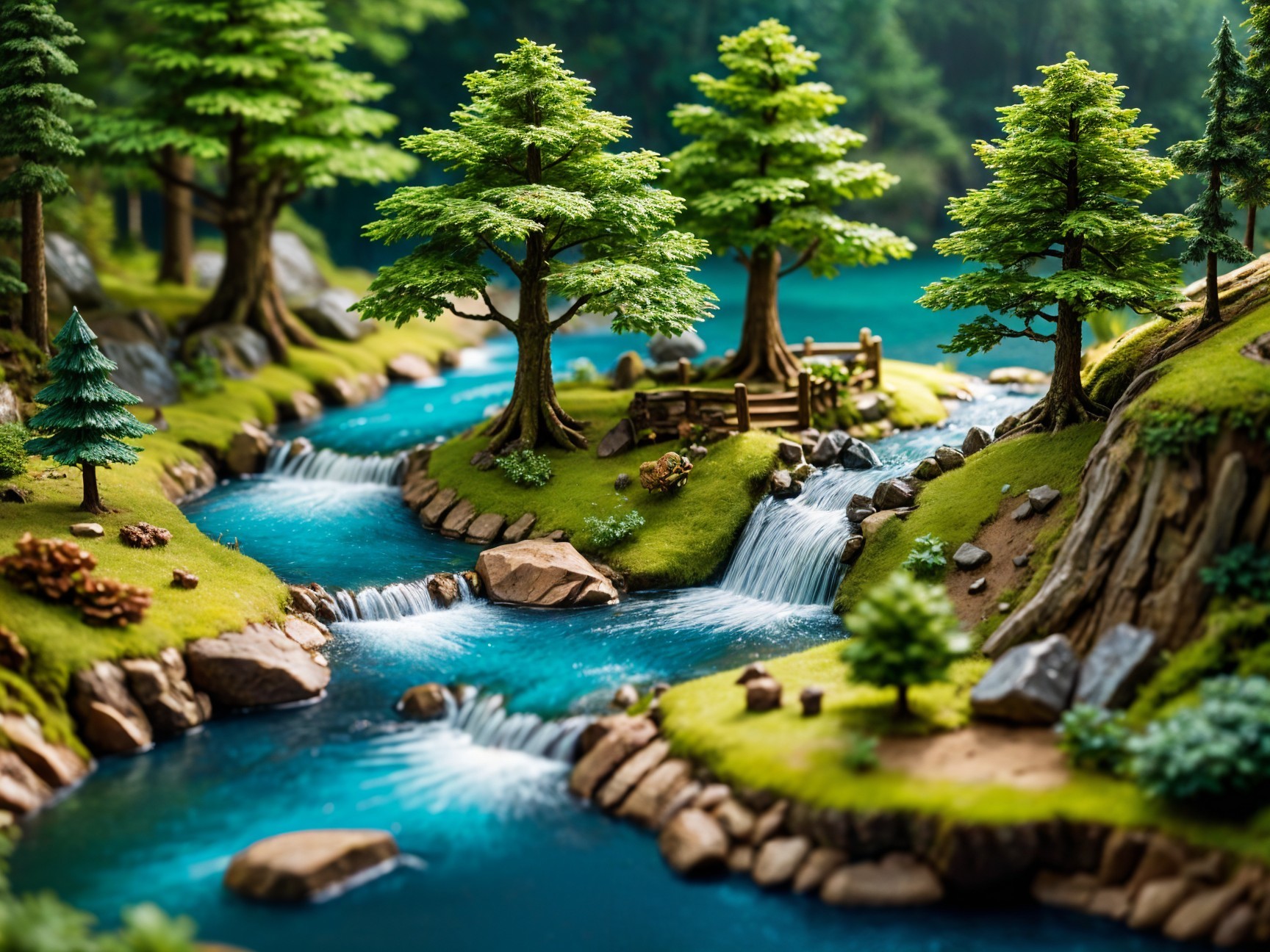 Miniature Landscape with Trees, River, and Waterfalls