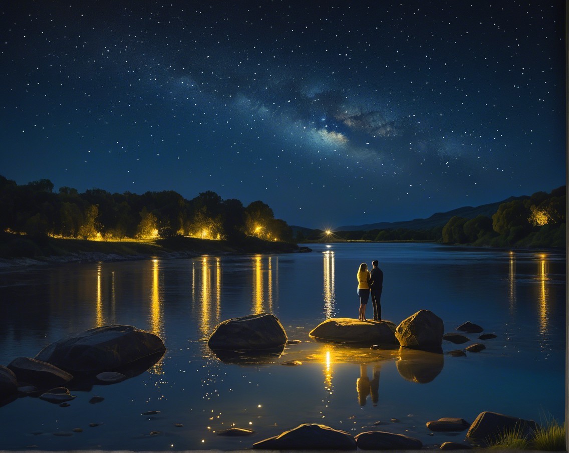 Couple on Rocky Shoreline Under Starlit Sky