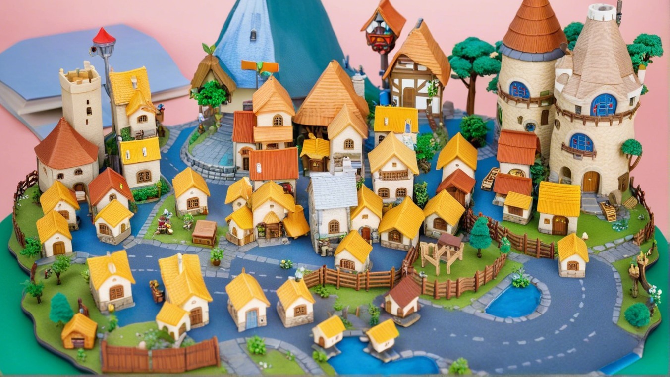 Miniature Village Scene with Colorful Houses and Pond