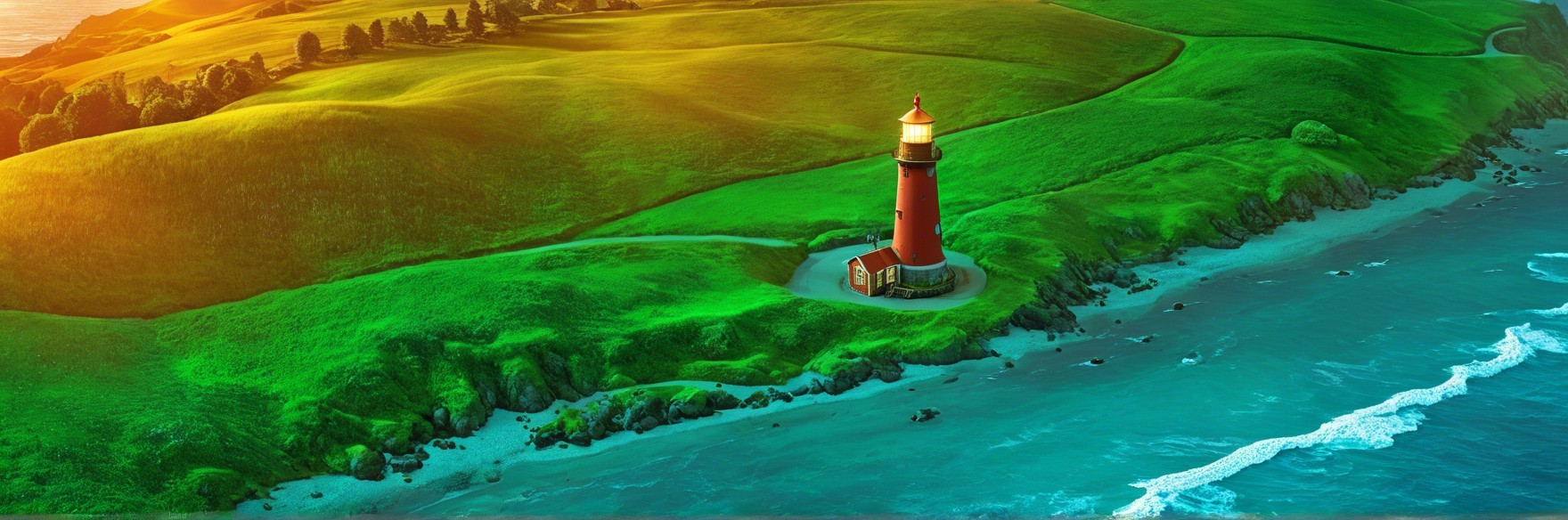 Vibrant Landscape with Red Lighthouse and Ocean View