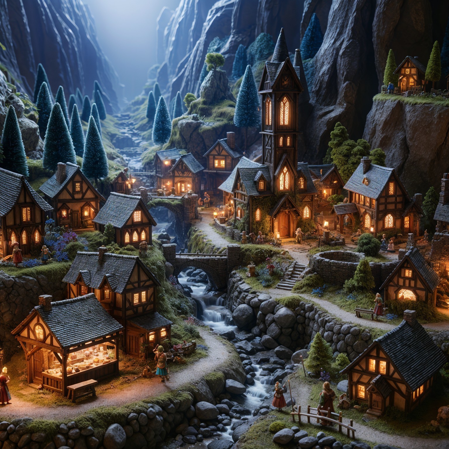Miniature Village in a Serene Winter Valley Scene