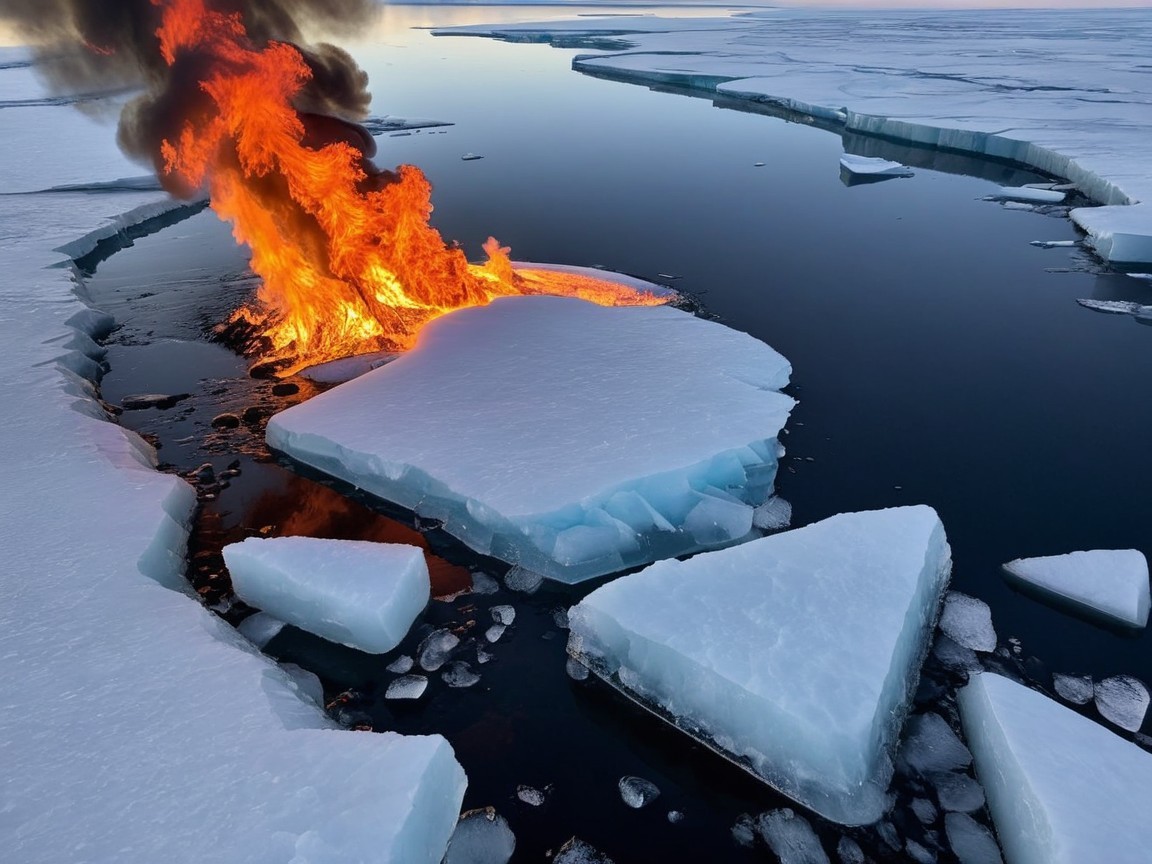 Flame Erupting from Ice in Polar Landscape