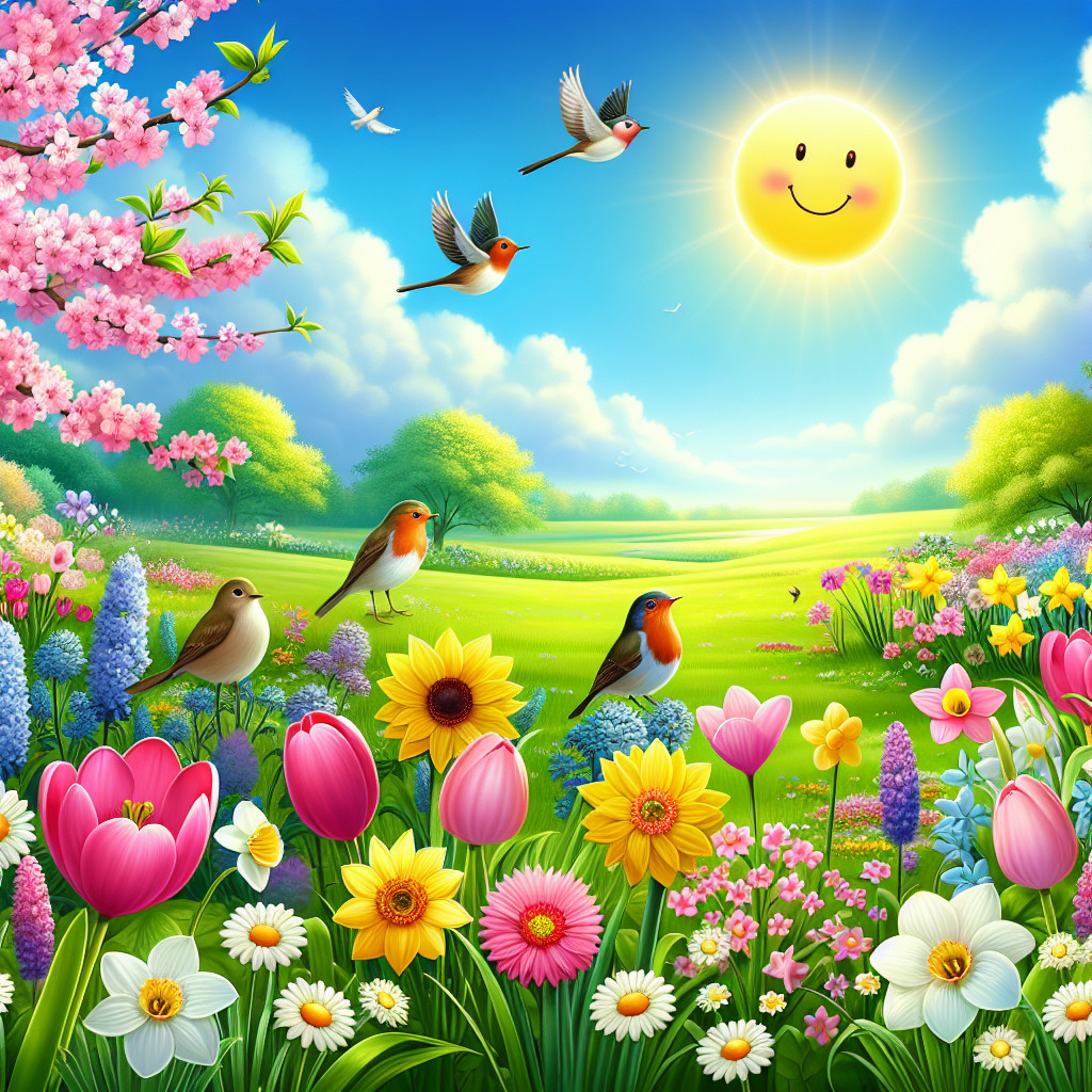Vibrant Spring Scene with Colorful Flowers and Birds