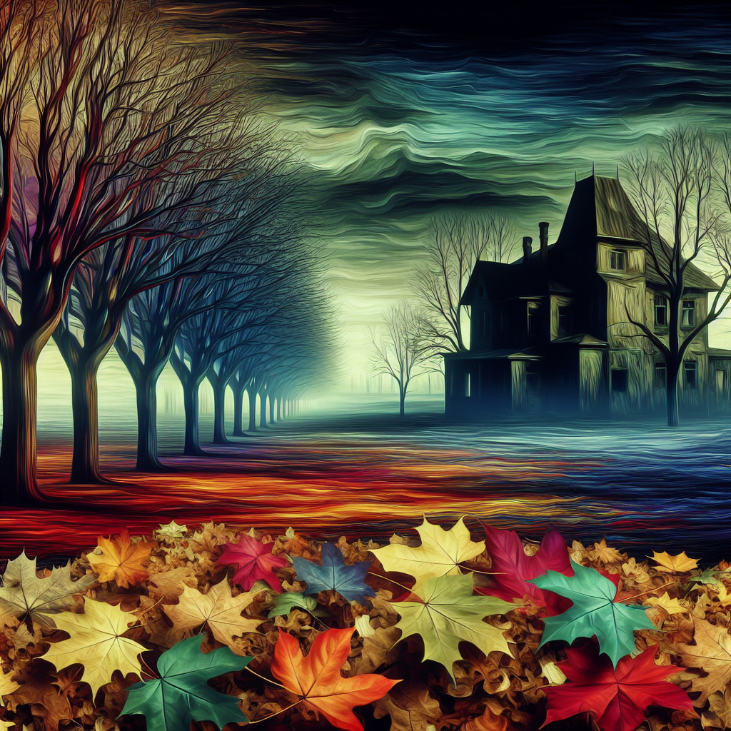 Autumn Scene with Victorian House and Colorful Leaves