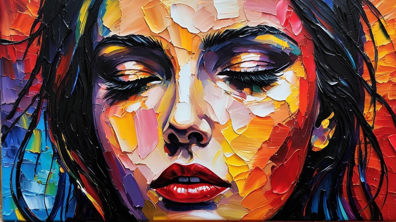 Close-Up of a Woman's Face in Textured Paint Layers