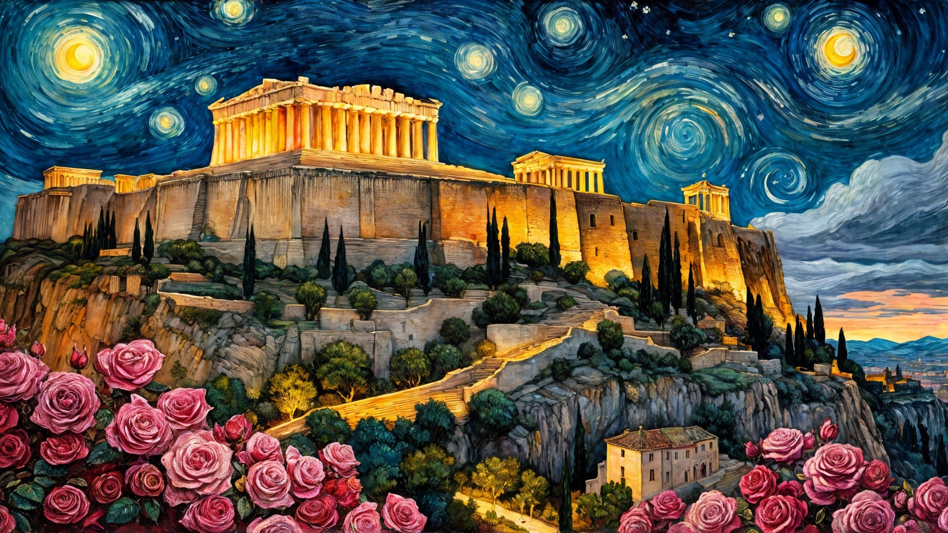 Vibrant Night Sky Over Acropolis with Pink Roses