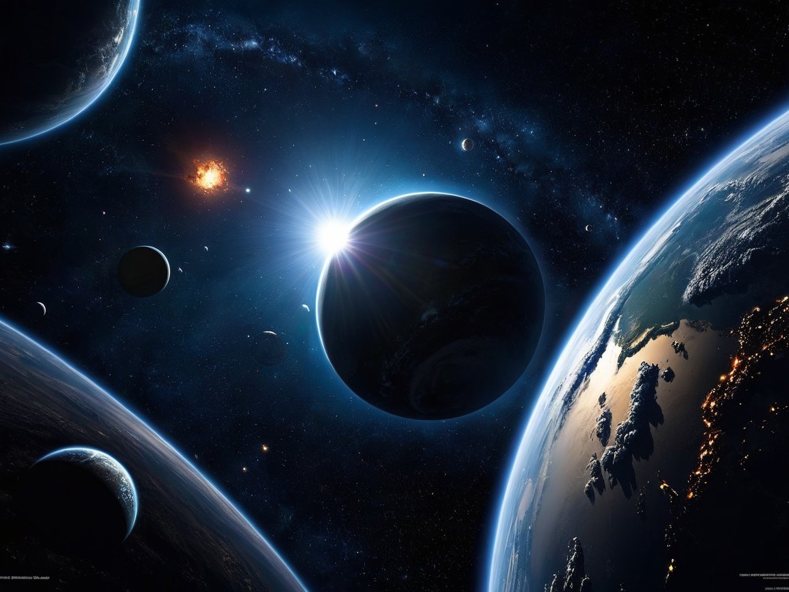 Cosmic Scene with Orbiting Planets and Stars