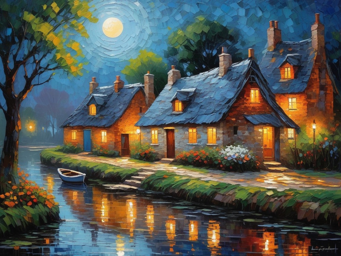 Charming Cottages by a Tranquil Waterway at Night