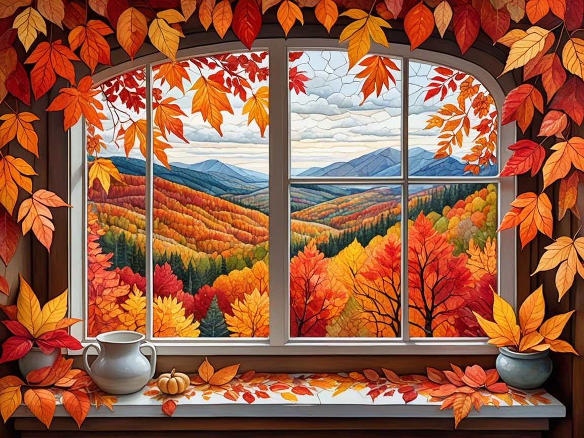 Autumn Landscape View with Colorful Leaves and Decor