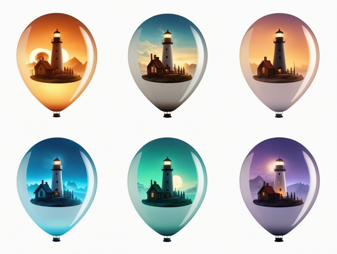Collection of Balloons Featuring Lighthouses at Dusk